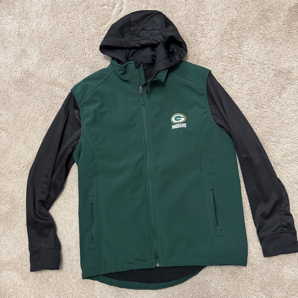 NFL Team Apparel Green Bay Packers Men's Green and Black Hooded Jacket Large